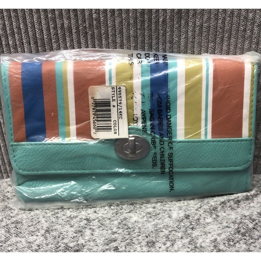Kenneth Cole Reaction Wallet Teal Stripe Faux Twist Lock Snap Closure